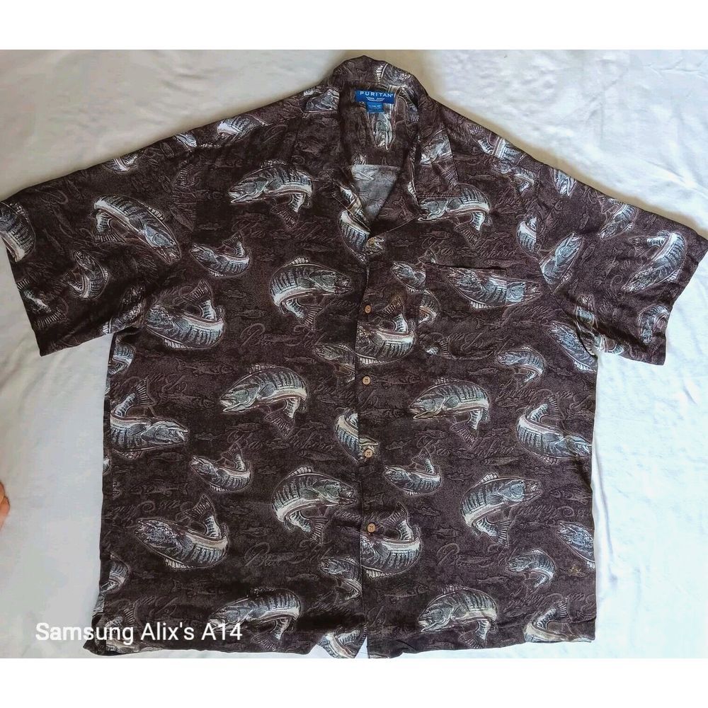 Puritan Hawaiian Summer Shirt XL 46/48 All Over Fish Pattern Rayon Aloha Vintage